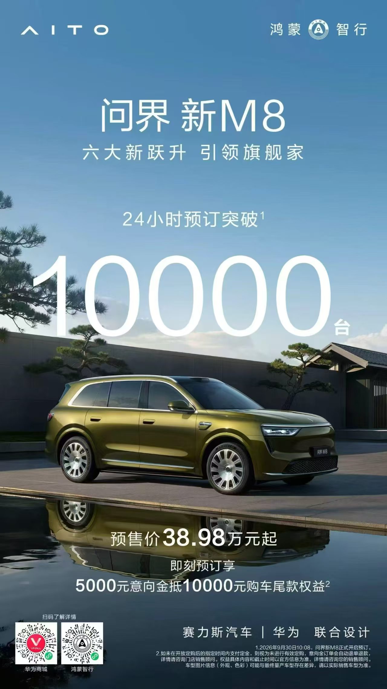 问界新M8上市24小时订单破万。受前期华为与赛力斯合作传闻扰动，不少用户保持观望，若无这场风波，首日预订量有望冲到15000至20000台。现在双方敲定新五年合作，双方合作迈向新台阶。不确定性落地，市场信心修复，后续问界预订量大概率迎来大幅增长。