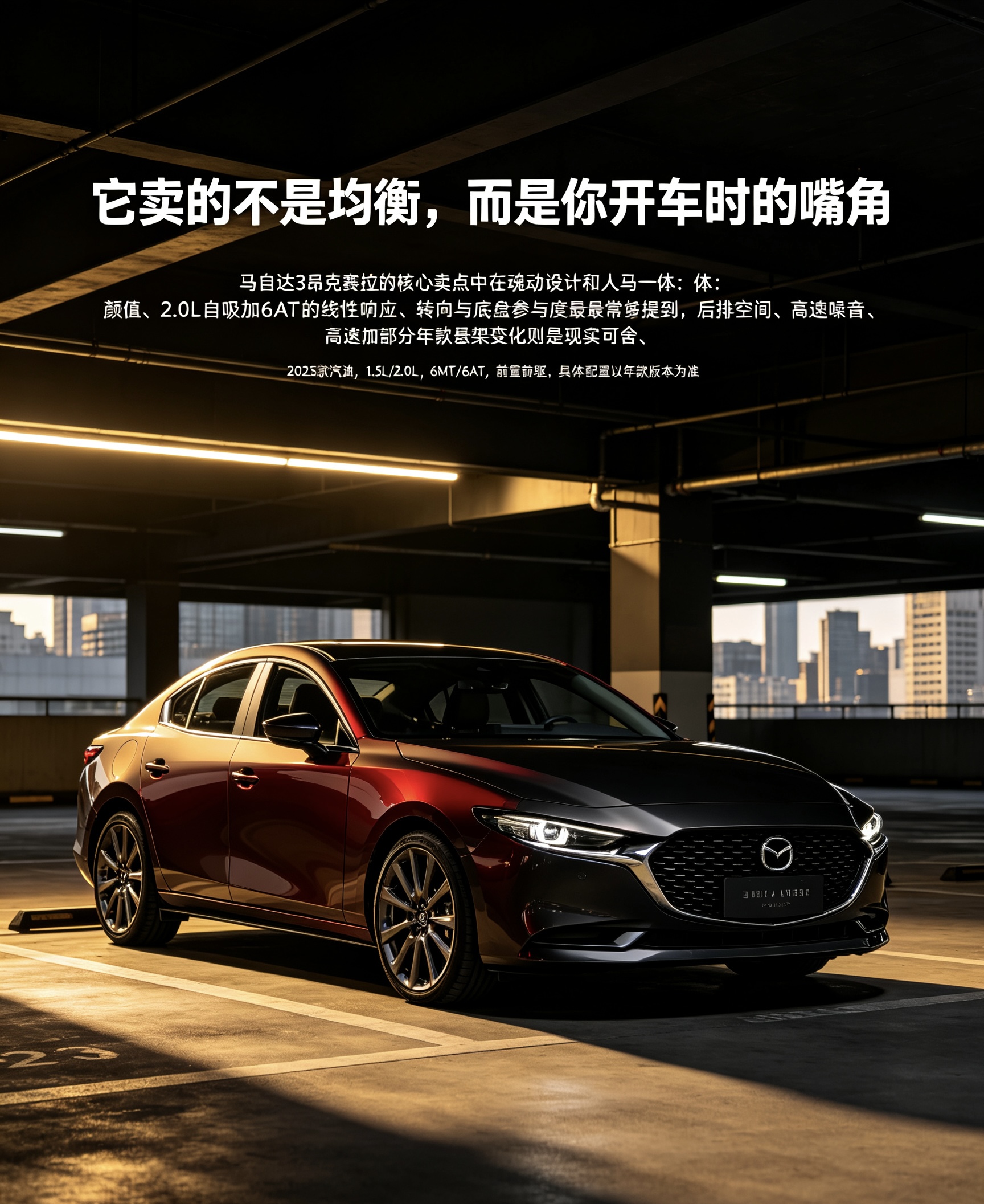 马自达3昂克赛拉最能打动买家的核心卖点，不是空间、配置或参数，而是“魂动”设计与“人马一体”的驾驶沟通感。真实讨论里，外观颜值、2.0L自吸+6AT的线性响应、转向与底盘参与度被反复提到；但后排空间、高速隔音和部分年款后悬架变化，也一直是购买前需要接受的取舍。【来自懂车帝车友圈】
