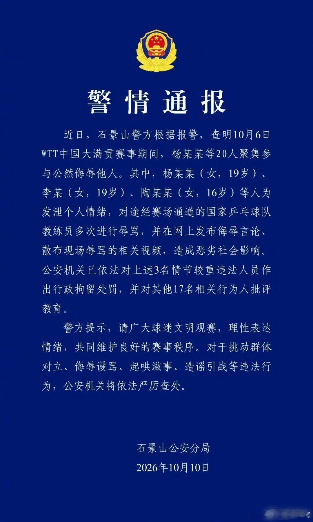 #警方通报王皓被围堵辱骂处理结果#尘埃落定！赛场外围堵辱骂王皓这件事终于有官方处理结果。20人参与此事，3名情节严重的人员被行政拘留，其余17人进行批评教育。

单纯看球产生分歧很正常，但线下围堵、当众辱骂，还剪辑视频发到网上扩散，已经越过底线了。喜欢乒乓球可以，但不能任由情绪失控做出违 ​