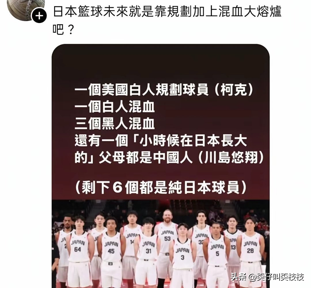台湾网友发文说日本男篮靠规划加上混血！