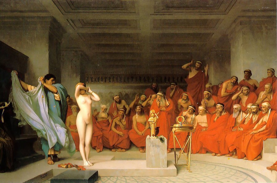 古希腊的著名典故“赫泰拉（高级游女）芙律涅（Phryne）的审判”。

芙律涅（Phryne）是公元前 4 世纪雅典的著名赫泰拉（高级交际花/艺妓），以美貌闻名。

事她因“亵渎神明”被告上雅典的最高法庭——阿瑞奥帕古斯会议（Areopagus）。

在庭审中，她的辩护人（据说是演说家希佩瑞德斯 Hypereides）突 ​