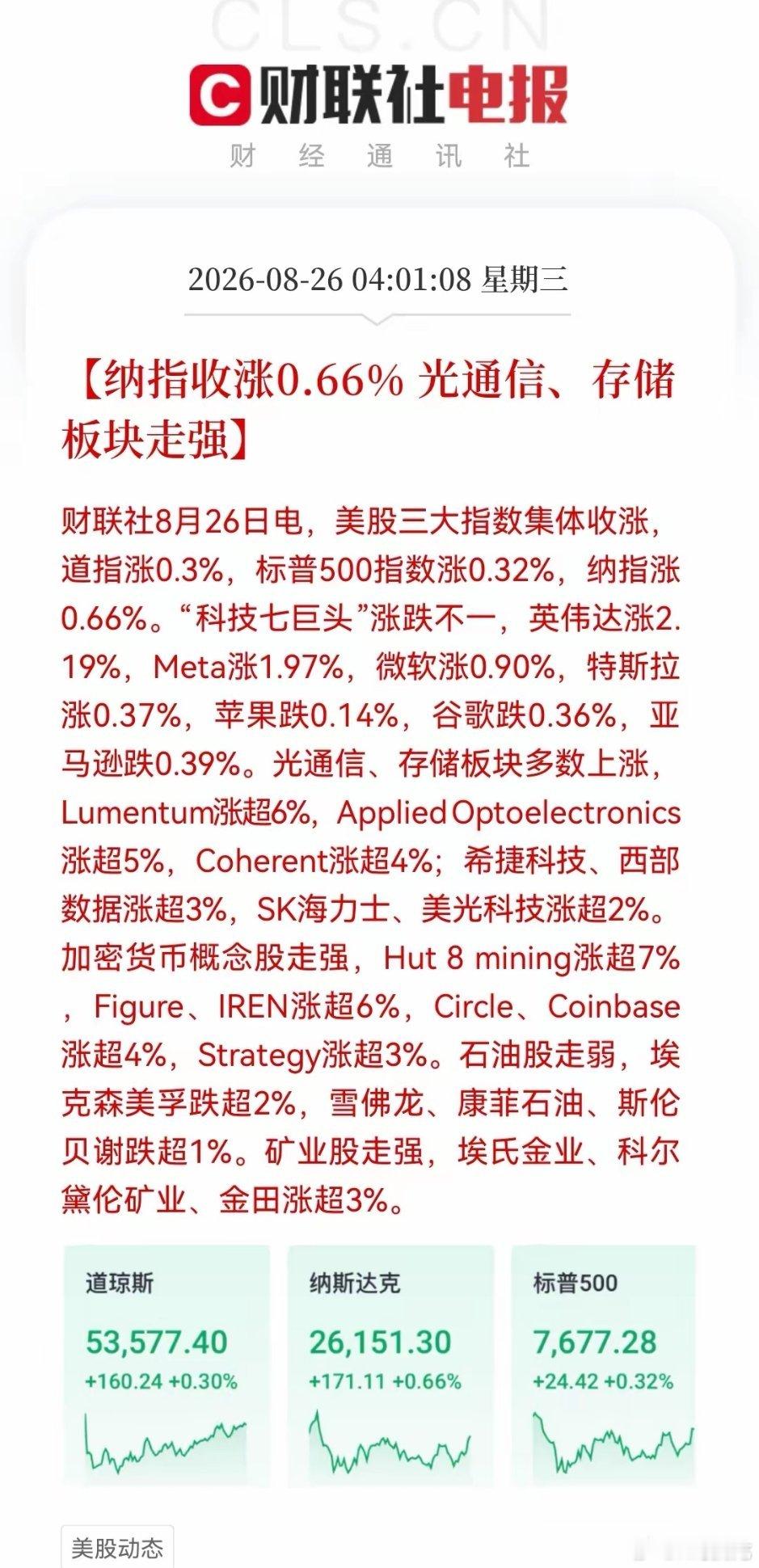一觉醒来，真灿烂！全球风险资产都雨过天晴了，美算力硬件也全线走强，今天大家的麻袋终于要用得上了……
​隔夜纳指收涨0.66%，光通信、存储芯片板块走势还是非常强势的，Lumentum、希捷科技等大涨超3%，西部数据涨3.53%，美光涨近2.5%，海力士涨2.65%，英伟达涨超2%，美股指数表现还是很克制的，这大 ​