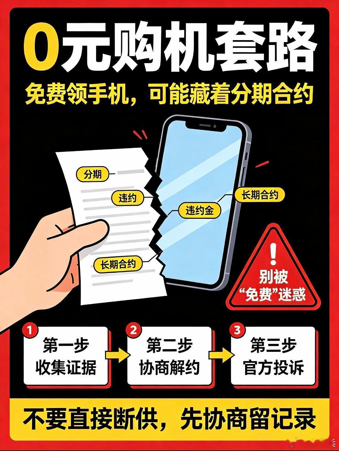 #已办理分期合约用户怎么办#

       大批用户掉进0元购机圈套，已经办理分期合约该怎么处理？#0元购机全面叫停# 

       街头门店到处宣传0元购机、免费领手机。很多商家只讲免费，隐瞒高额分期、长期合约、天价违约金。不少用户签完字之后，才发现每个月要还一大笔钱，解约还要支付巨额违约金，进退 ​