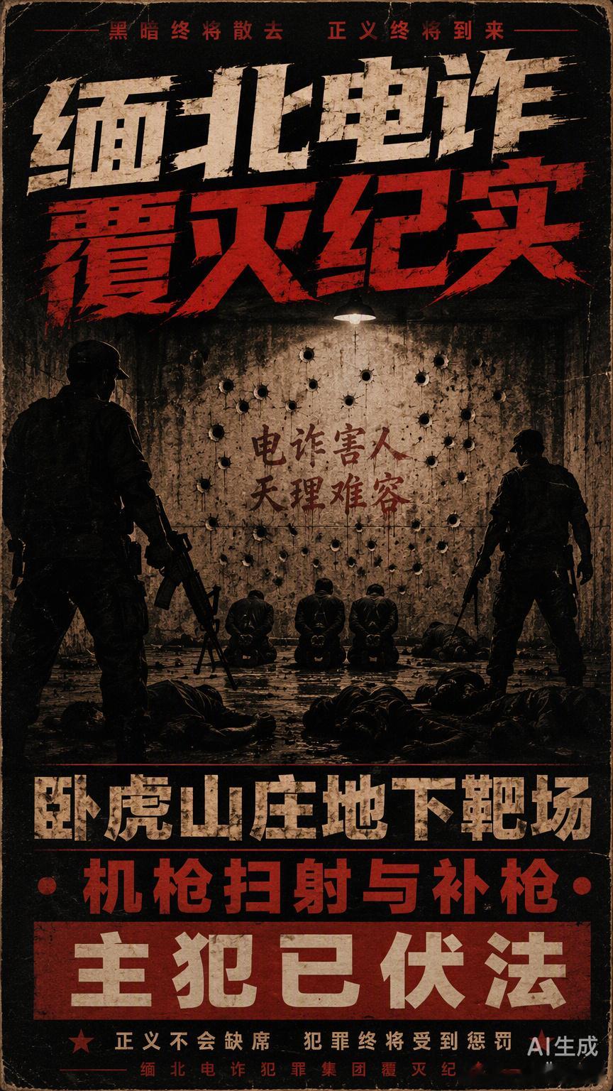 央视纪录片《缅北电诈覆灭纪实》撕开了卧虎山庄的遮羞布。

那个不见阳光的地下靶场，墙面上密密麻麻的弹孔，是明家犯罪集团留给这个世界最残忍的“签名”。在这里，底层电诈人员不再是人，而是可以随意处置的耗材。为了立威，武装人员当众活活打死“不听话”的人；为了灭口，机枪扫射后还要再补一轮枪 ​