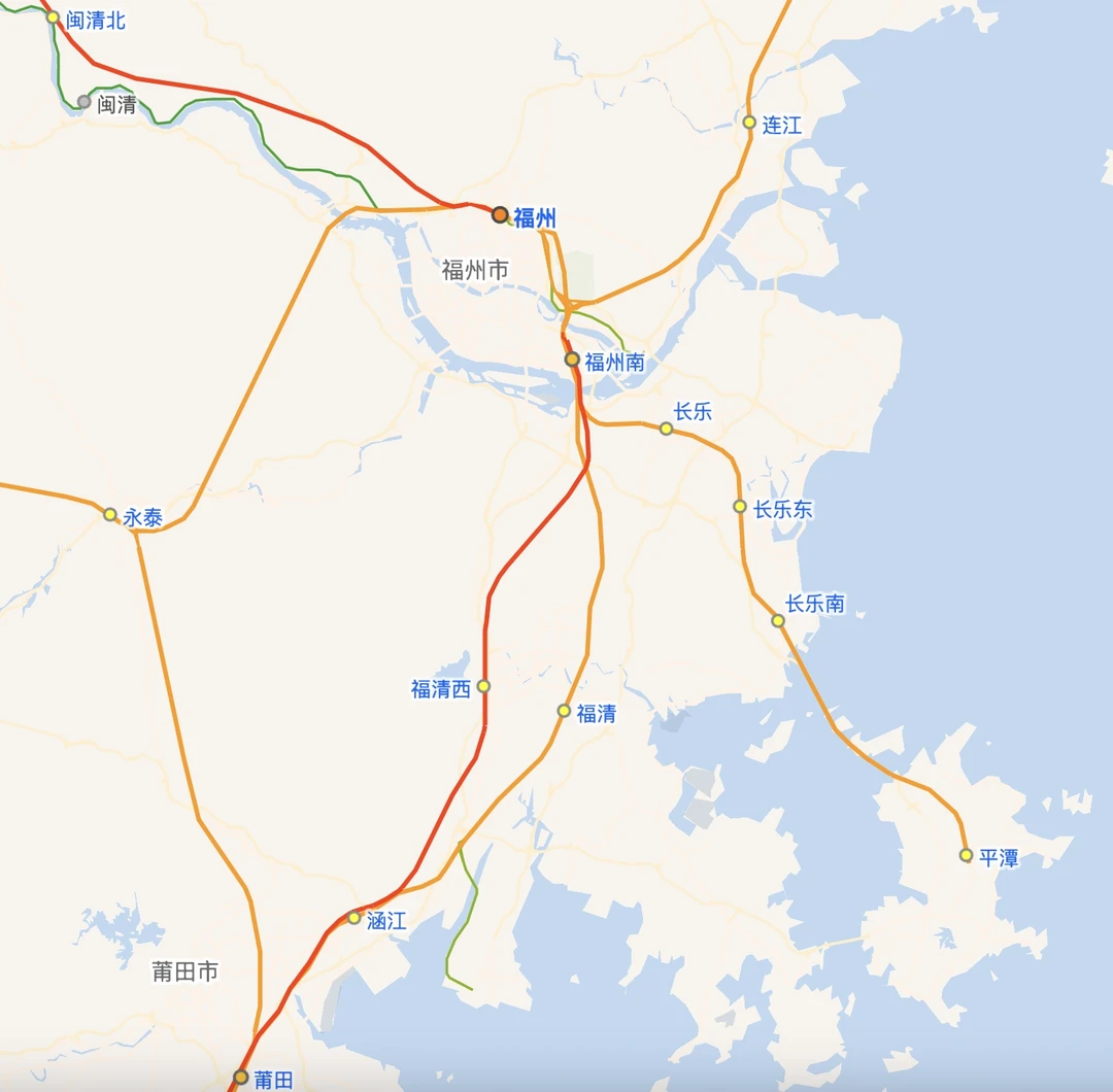 福州、莆田附近，中国铁路连接的最大岛屿