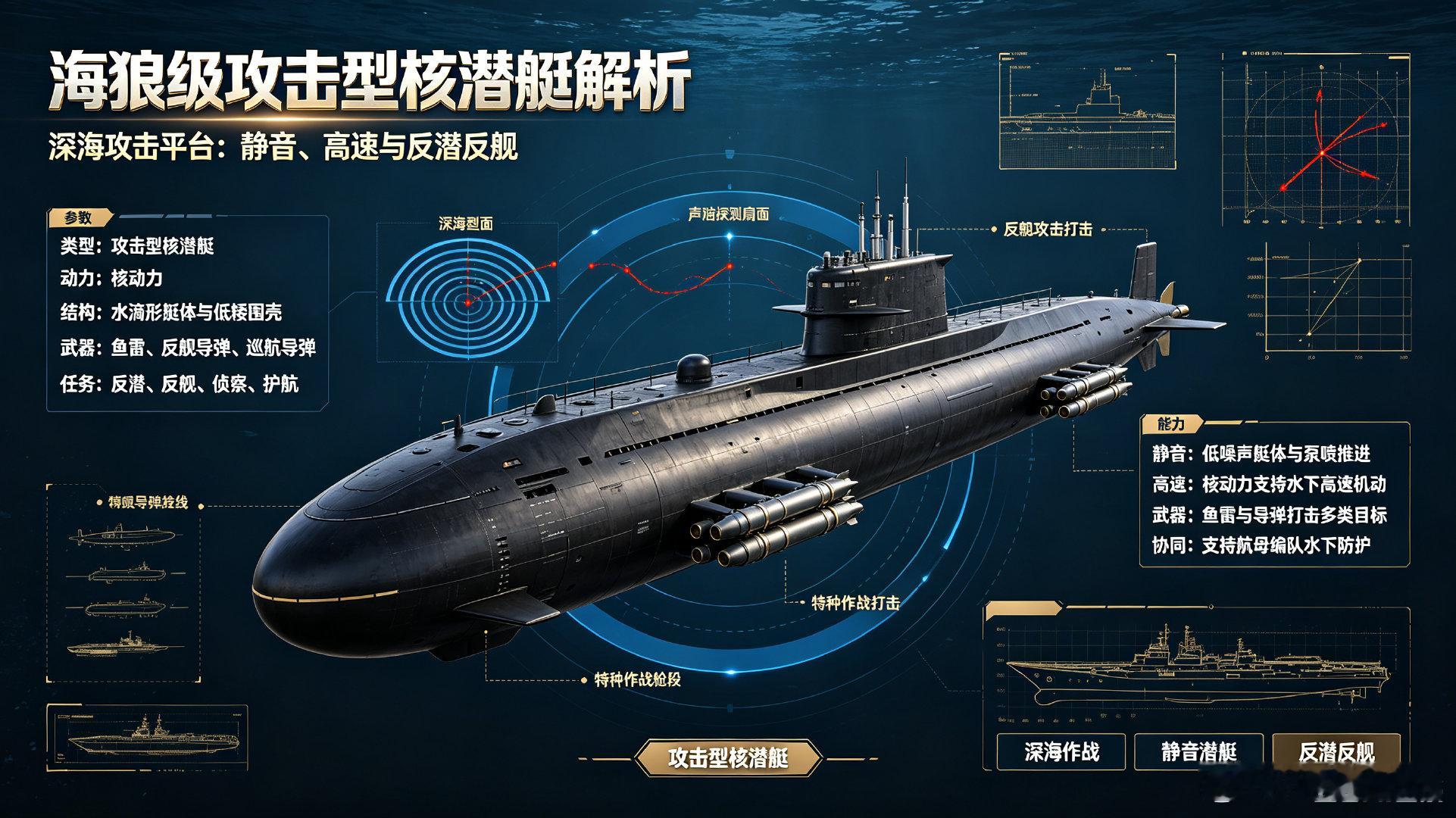 海狼级攻击型核潜艇，美军深海作战平台。核动力、水滴形艇体、低矮围壳与泵喷推进器强化静音和高速能力，适合反潜、反舰、侦察与航母编队护航。
 
#每天认识一件兵器##军事ai新视野##全球武器装备盘点# ​