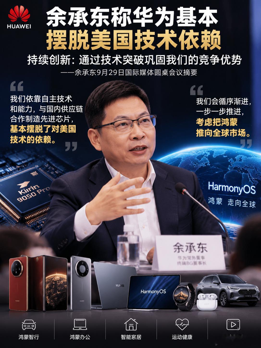 #余承东称华为基本摆脱美国技术依赖#
最近余承东这场国际媒体圆桌采访，信息量挺足。他在华为已经33年，见证公司从几百人到二十万员工，长期坚持高额研发投入，靠持续的技术突破来守住竞争力。
面对过往的重重挑战，华为一步步搭建起自主的软硬件体系，麒麟芯片用上逻辑折叠技术，Mate90系列可以本地跑 ​