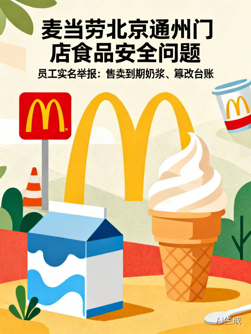 员工实名举报！麦当劳北京通州多门店被曝售卖到期奶浆、篡改台账
 
近日，有网友实名举报麦当劳北京通州多家门店存在多项严重违反食品安全规定的行为，消息一出迅速引发网友热议。
 
举报人自称内部员工，爆料通州区域运营督导违规操作，把九棵树门店临近保质期的奶昔专用奶浆，调拨到没有奶昔售卖资质的其他门店，当