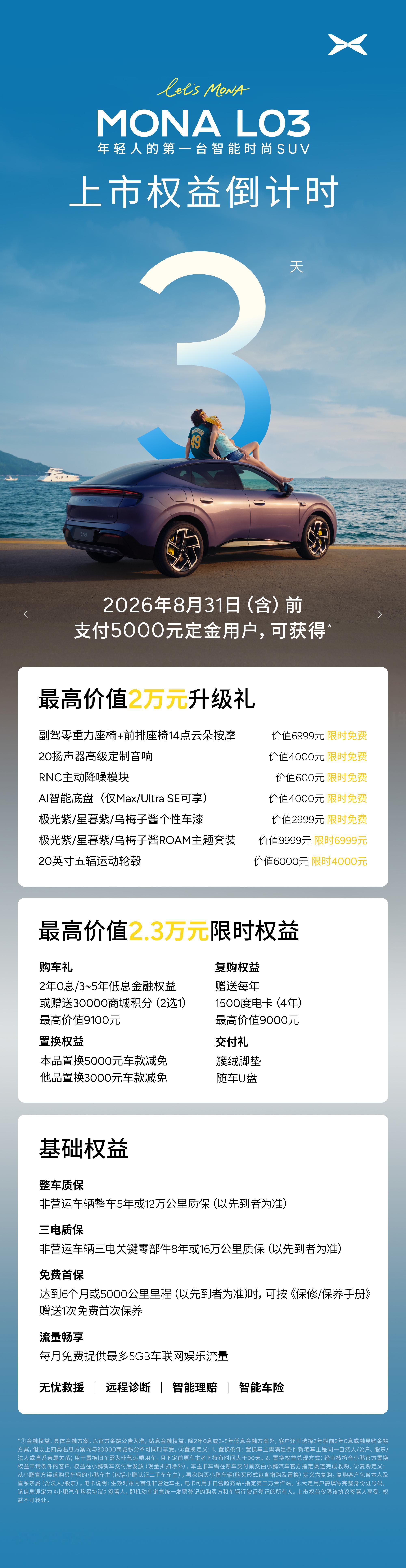 MONA L03 上市权益倒计时 3 天
抓紧时机，享至高 43000 元权益！
 
8 月 31 日晚 24 点前支付定金，至高可立省 43000 元： 

✅ 副驾零重力座椅+前排座椅 14 点云朵按摩限时免费送；
✅ 20 扬声器高级定制音响限时免费送；
✅2 年 0 息/ 3 ~ 5 年低息金融权益；
还有超多限时权益等你来锁定[老师夸夸]
 ​