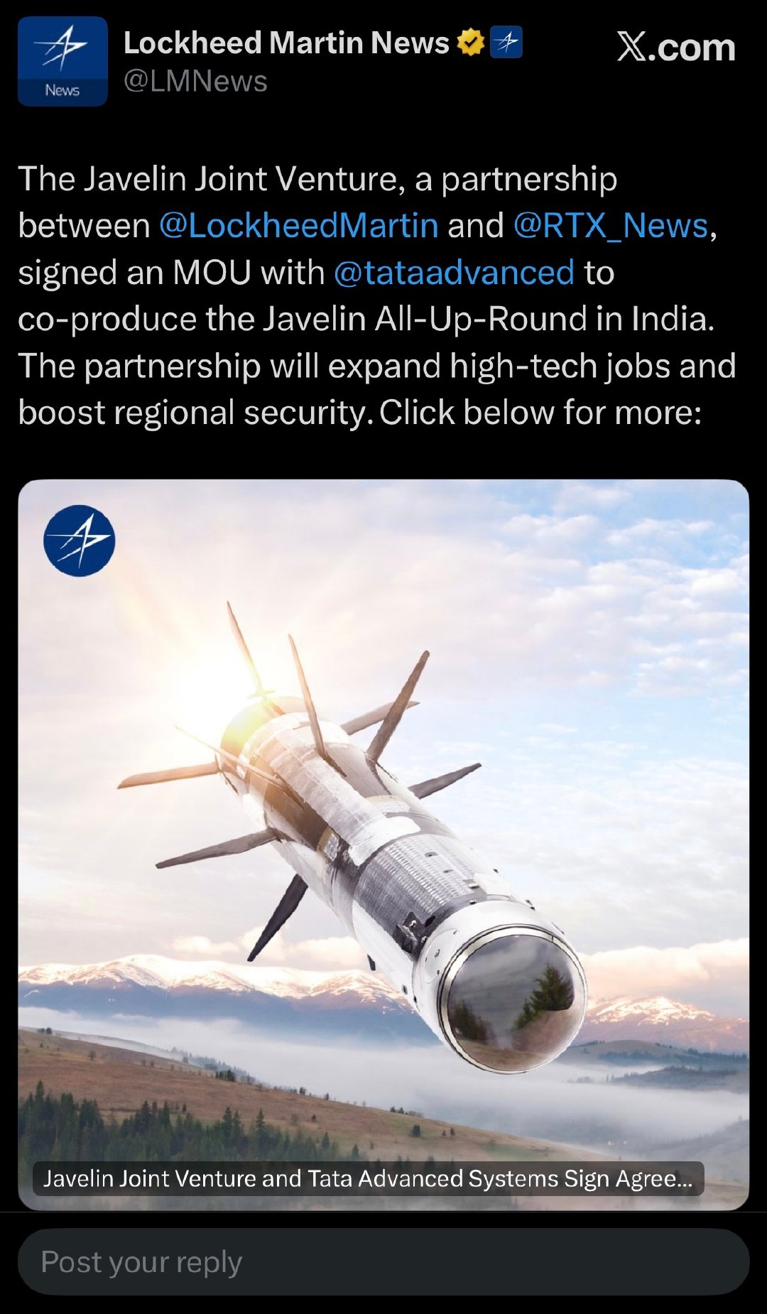 #每天认识一件兵器# 一句话新闻🗞️，“标枪”反坦克导弹即将变成印度🇮🇳制造（总装），帝国🇺🇸洛克希德·马丁公司和雷神公司联手把“标枪”反坦克导弹总装业务转手外包给了印度🇮🇳塔塔集团。[二哈] 

​