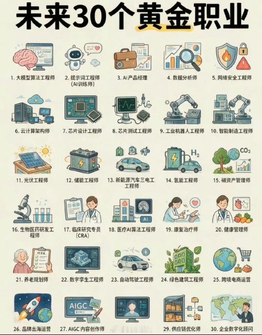 未来30个黄金职业，排前面的还是AI、芯片、新能源、医疗和养老。
我扫了一遍，自己一条不沾，继续当好我的数码博主也挺好。风口的饭不是谁都能吃，守住自己那碗更实在。还是不要好高骛远[doge] ​
