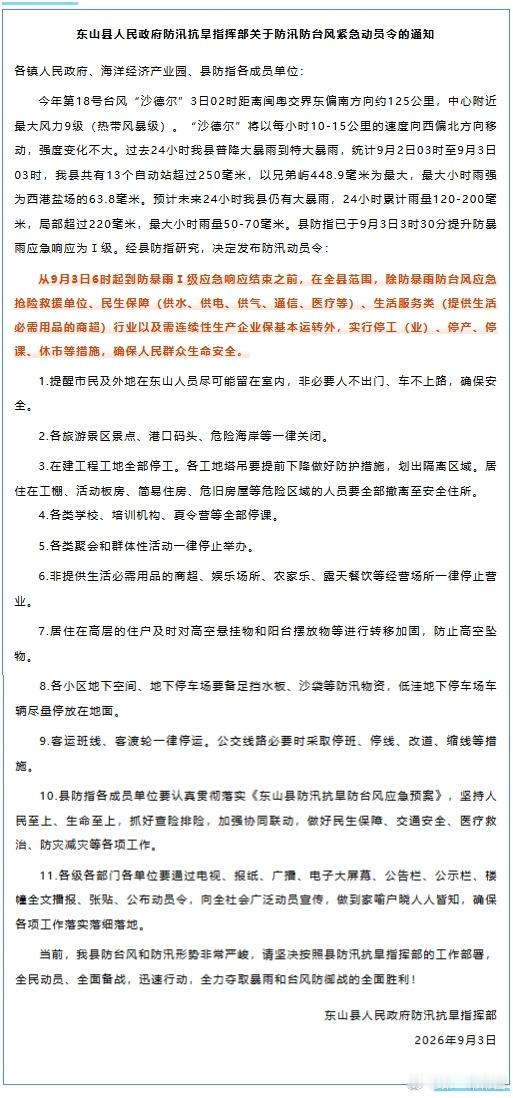 #漳州多地实行三停一休#【漳浦、云霄、诏安、东山实行“三停一休”，莆田发布暴雨、雷电黄色预警信号】#强降雨持续福建全力筑牢防汛防线#  今年第18号台风“沙德尔”（热带风暴级）的中心已于9月03日06时30分前后在福建省漳州市漳浦古雷沿海第三次登陆，登陆时中心附近最大风力有9级（23米/秒），中心 ​