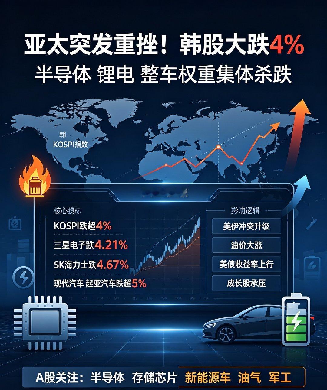 亚太突发重挫！韩股大跌4%，半导体、锂电、整车权重集体杀跌

9月2日亚太股市全线走弱，韩国KOSPI指数大幅重挫超4%，成为今日亚洲市场重灾区。核心导火索是美伊冲突再度升级，美军连夜空袭伊朗多处目标，地缘风险快速升温。

冲突直接推升国际油价大涨，全球通胀担忧卷土重来，叠加美债收益率持续飙升 ​