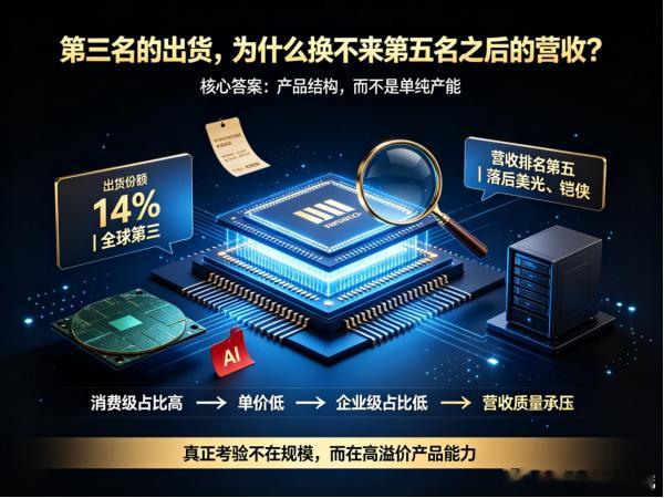 出货量全球第三，营收却只排第五？
长江存储Q2出货量首次冲到全球第三，份额达14%，仅次于三星和SK海力士，同比增长22%。但这里有个扎心的数据：营收排名却只有第五，落后美光和铠侠。
差距在哪？产品结构。长江存储出货主要集中在消费级应用，而高单价的企业级eSSD占比偏低。对比全球市场，企业级eSSD ​