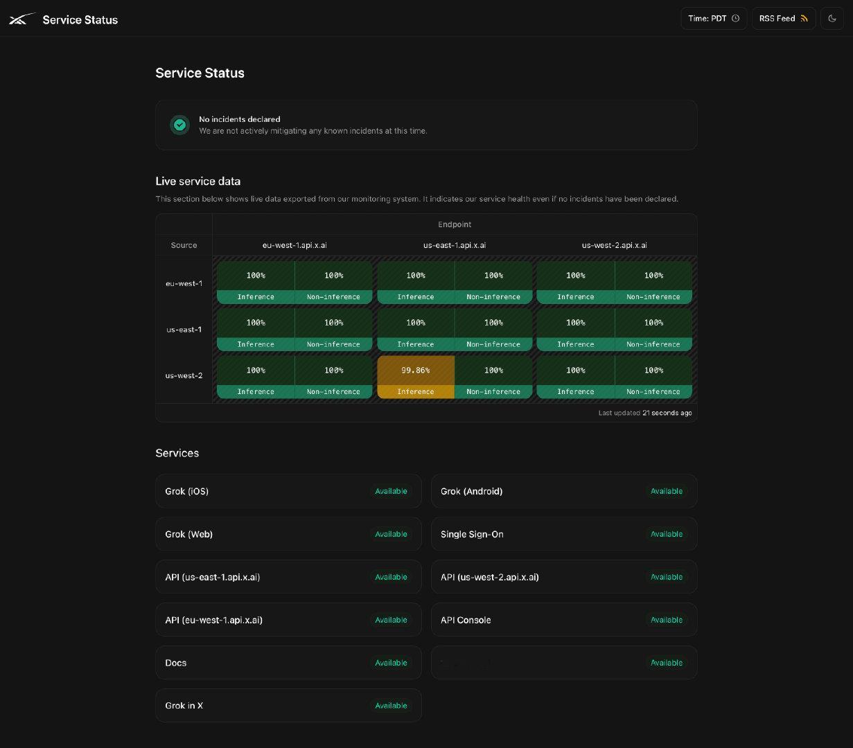 三大前沿AI都有自己的状态(status)站点，查看AI是否正常运行：
Claude：status.claude.com
OpenAI：status.openai.com
SpaceXAI: status.x.ai

但如果你发现连状态网站都打不开，那很有可能是你自己的网络有问题。🔚 ​