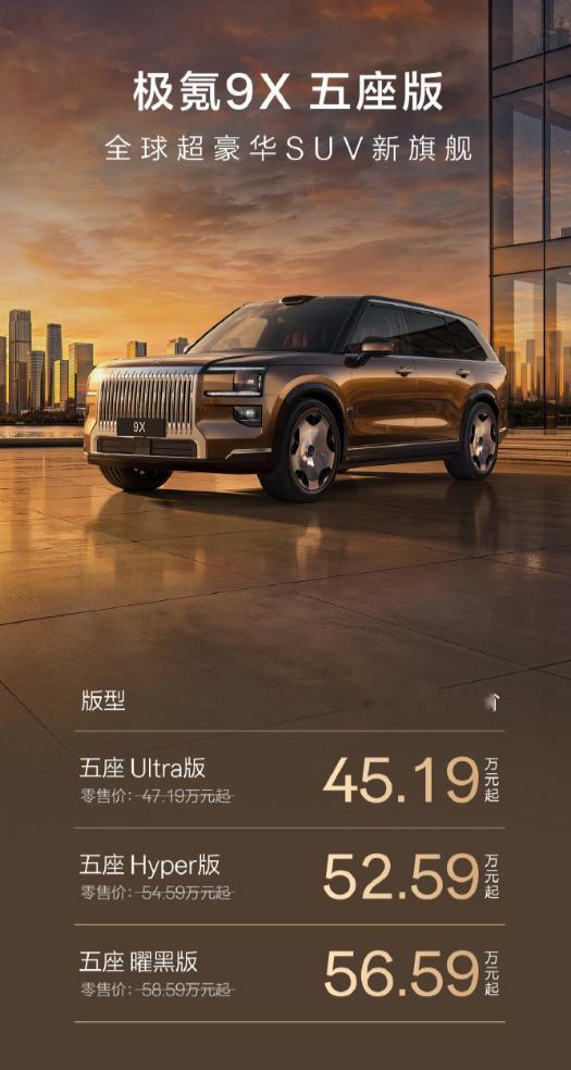 不办发布会，直接上价。极氪9X五座版限时售价45.19万、52.59万...