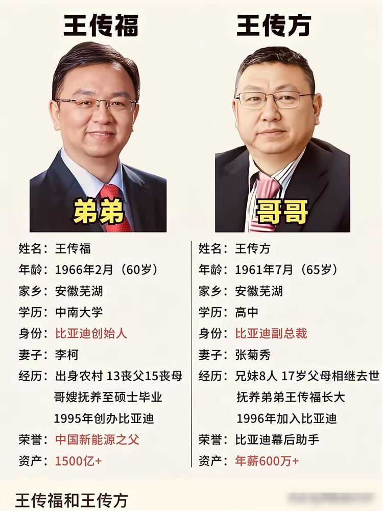 世间最难得、最动人的兄弟情，莫过于王传福和王传方。

原文称，王传福年少时接连失去父母，哥哥王传方选择辍学扛起家庭，嫂子张菊秀也拿出嫁妆、四处借钱，支持小叔子继续求学。

很多人只看见后来比亚迪的成就，却容易忽略，一个人能走多远，往往取决于最困难时有没有人愿意托住他。哥哥守住生活，嫂子守住学业，王传