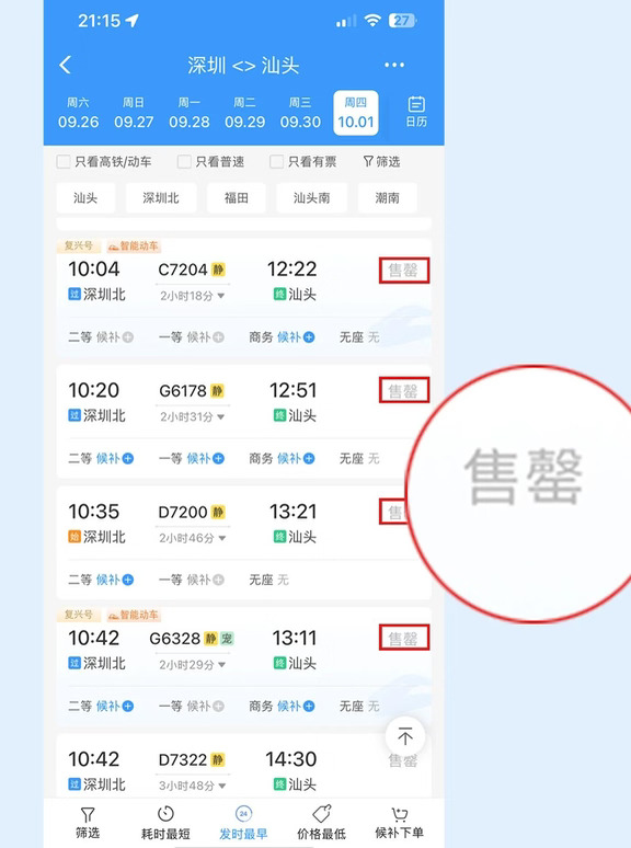 深圳北出发高铁票大面积售罄！
