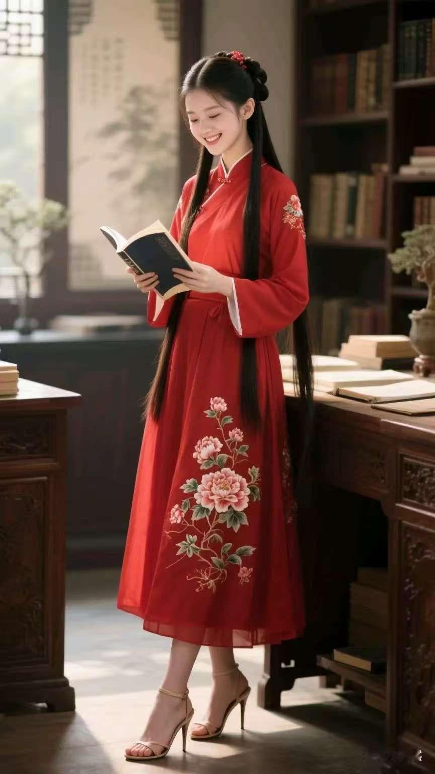 一位小姐姐在书房里读书。