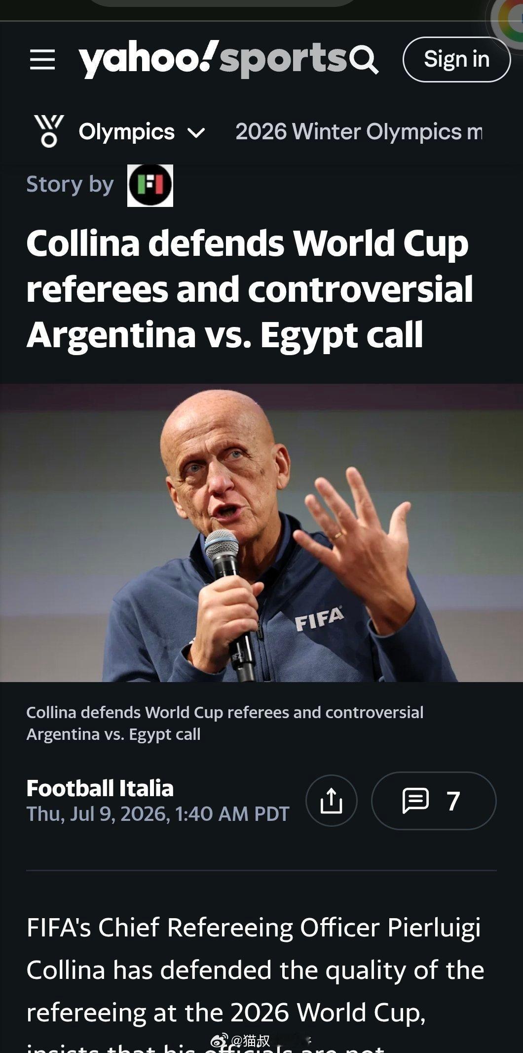 FIFA裁判委员会主席皮埃尔路易吉·科利纳(Pierluigi Col...