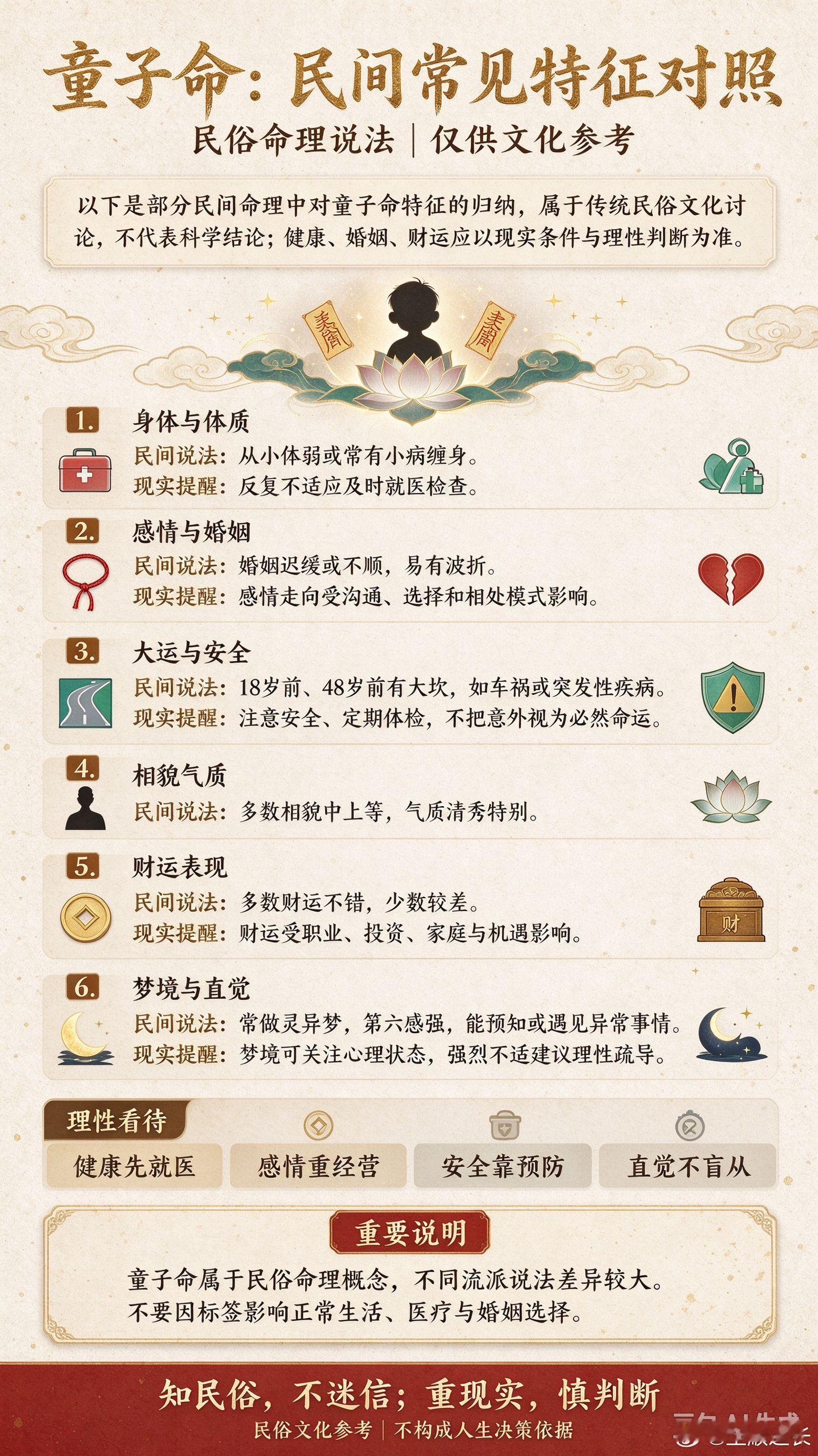 ⭕童子命:常见特征有以下几点⭐1：身体多少有小病缠身症状（或者‬说从小体弱）⭐2：婚姻迟缓，极不顺利。有多次离婚危险。⭐3：寿命‬不长。能过去18岁。48岁前有大坷坎‬。多为车祸、发突‬性疾病等。⭐4: 童子童女命，大多数绝‬相貌均中上等。⭐5：财运方面大绝‬多数是不错的，极少情况财运差极‬⭐6:少数童子命人之‬----经常做梦梦灵些一见‬异的事情，以及自己的第六强特别的强烈，能预知些不好的事情，或者说能看见遇见些灵异或诡异的事情。