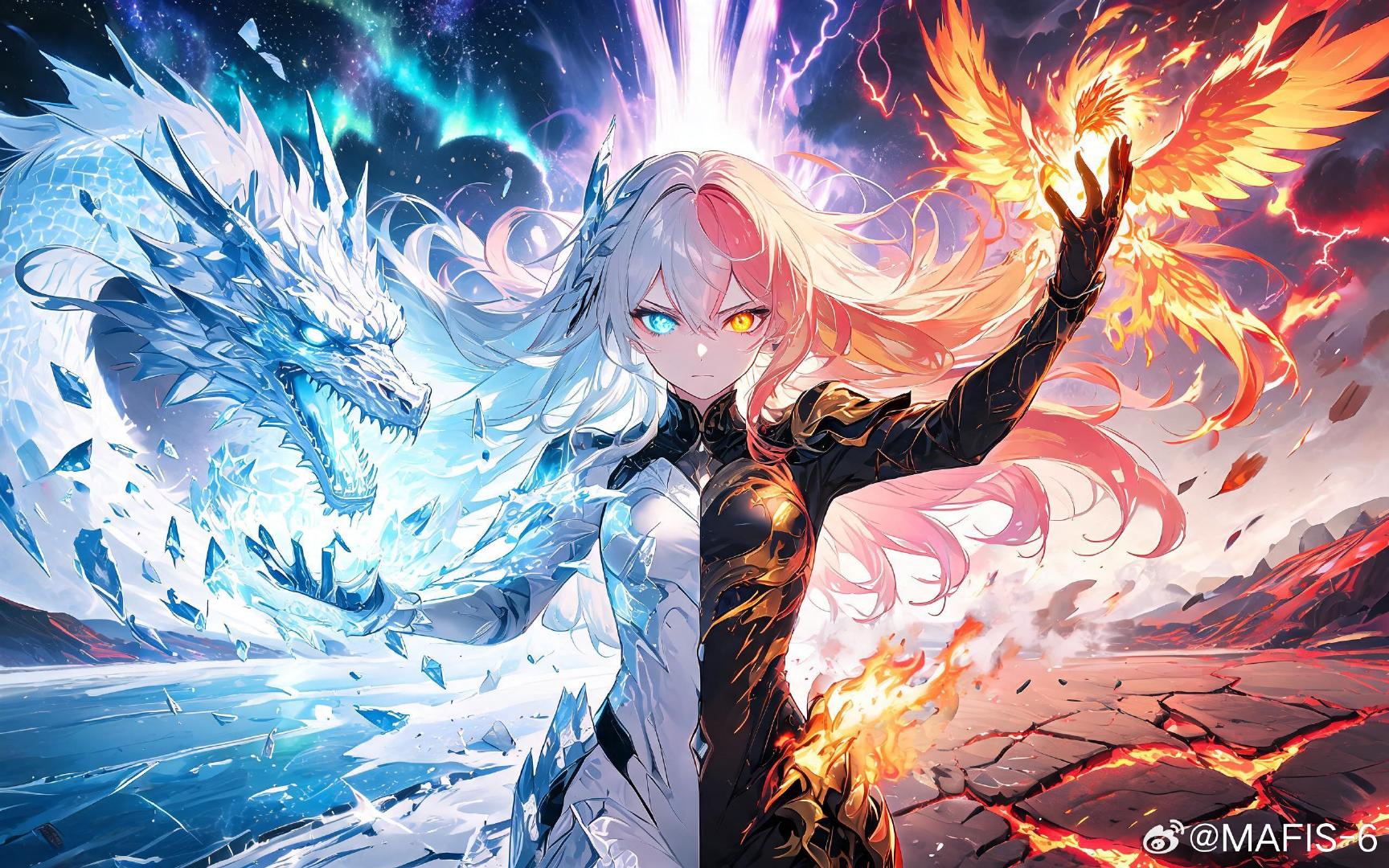 壁纸创作：拯救姬·均衡绽放
双形态全力释放！左手推出冰晶巨龙咆哮而出，右手举天释放火焰凤凰之翼冲天，脚下冰湖与熔岩交界爆发蒸汽碎裂，背景天空左半极光星空右半赤红雷暴，正中紫白能量漩涡光柱冲天。冰碎片与火星粒子高速旋转飞舞。
#超核远航计划##联想ai平板拯救者y700无极# ​
