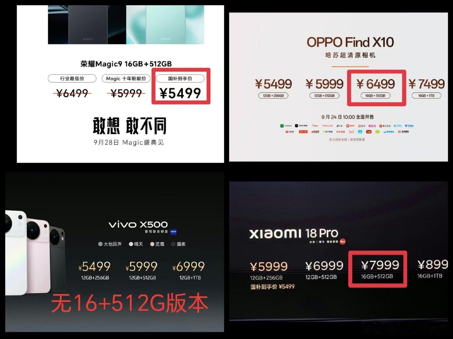 #荣耀Magic9价格未发先曝#这么说吧，有网友总结了一下几款手机16+512GB的价格。耀子Magic9 直接还没发布就把价格告诉你，国补后5499元，相当于还没开始就已结束整场比赛。[并不简单][并不简单] ​