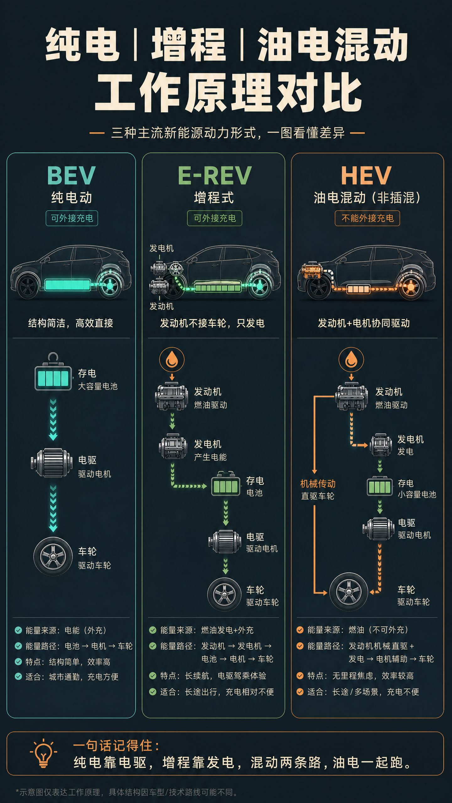 纯电、增程、油电混动工作原理对比