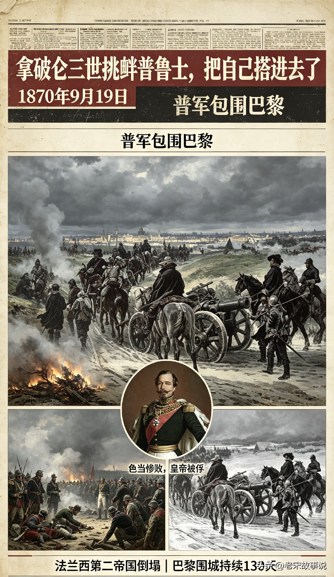 拿破仑三世挑衅普鲁士，咋把自己搭进去了？
1870年9月20日，普鲁士军队包围巴黎，此前法军在色当战役中惨败，拿破仑三世本人被俘，法兰西第二帝国轰然倒塌，随后普军长驱直入，几乎未遇有效抵抗，将巴黎团团围住，围城持续了130天。

巴黎的普通市民自发组织抵抗，但饥饿和炮火最终压垮了这座城市，次年1月，