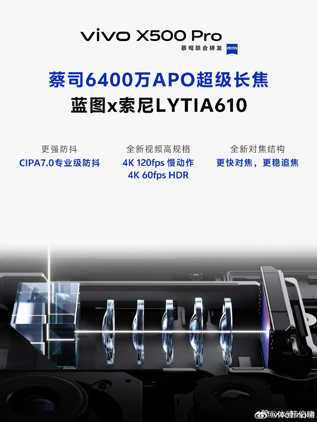 vivo X500 Pro长焦：索尼LYTIA 610，光学尺寸1/2，64MP，3.5X 85mm。

GG1×1 RB2×2 创新设计，也就是R、B（红蓝）像素是2×2 OCL，绿像素有独立微透镜（1×1 OCL），对焦和解析力兼得。

支持CIPA 7.0专业级防抖；支持4K 120fps慢动作以及4K 60fps HDR视频直出。 ​