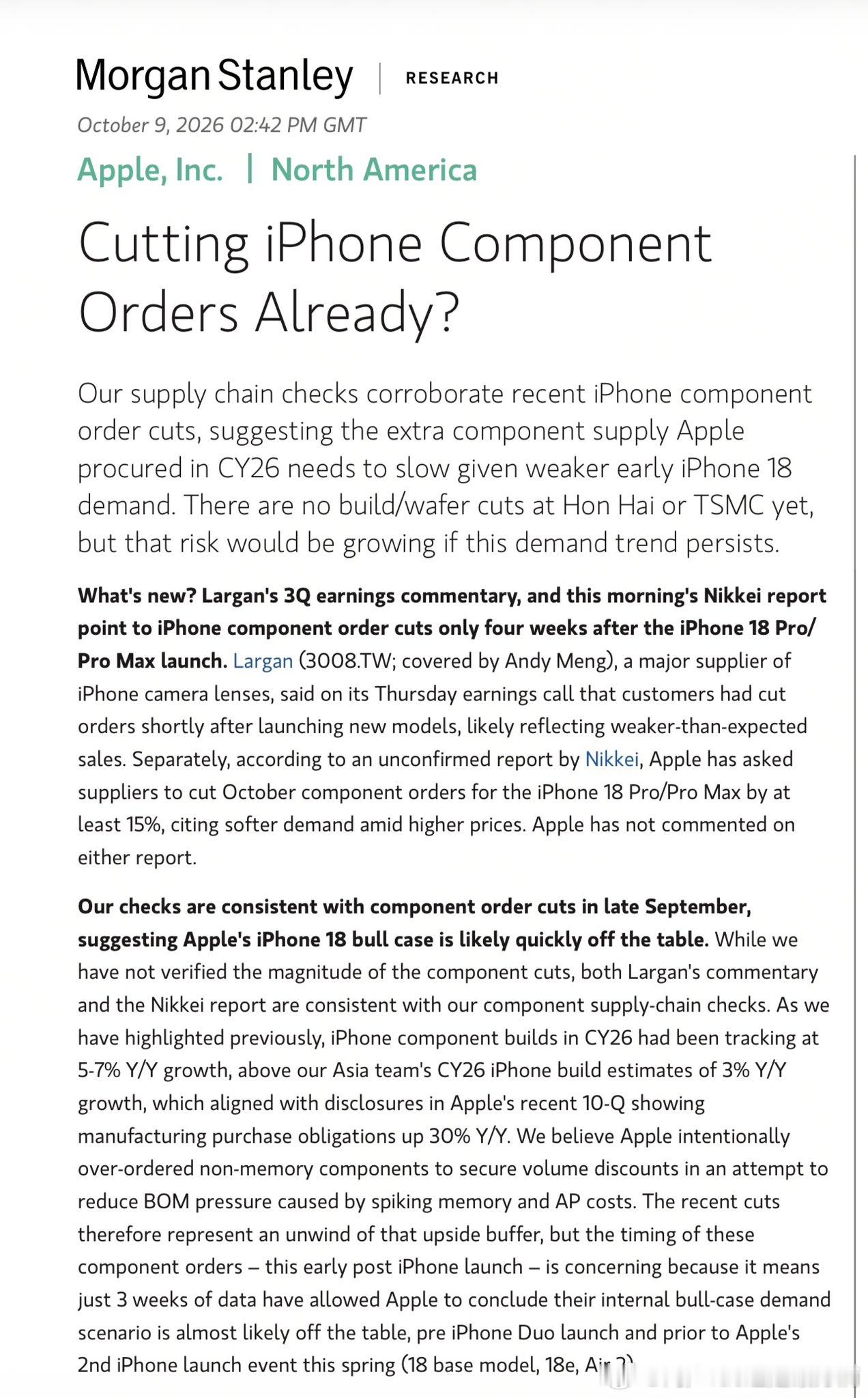 这么快就下调 iPhone 零部件订单？

我们的供应链调研印证了近期关于 iPhone 零部件砍单的消息。这表明，鉴于 iPhone 18 前期需求疲软，苹果在 CY26（2026日历年）采购的额外零部件供应需要放缓。目前鸿海（Hon Hai）或台积电（TSMC）尚未出现整机排产（build）或晶圆投片（wafer）的削减，但如果这一 ​