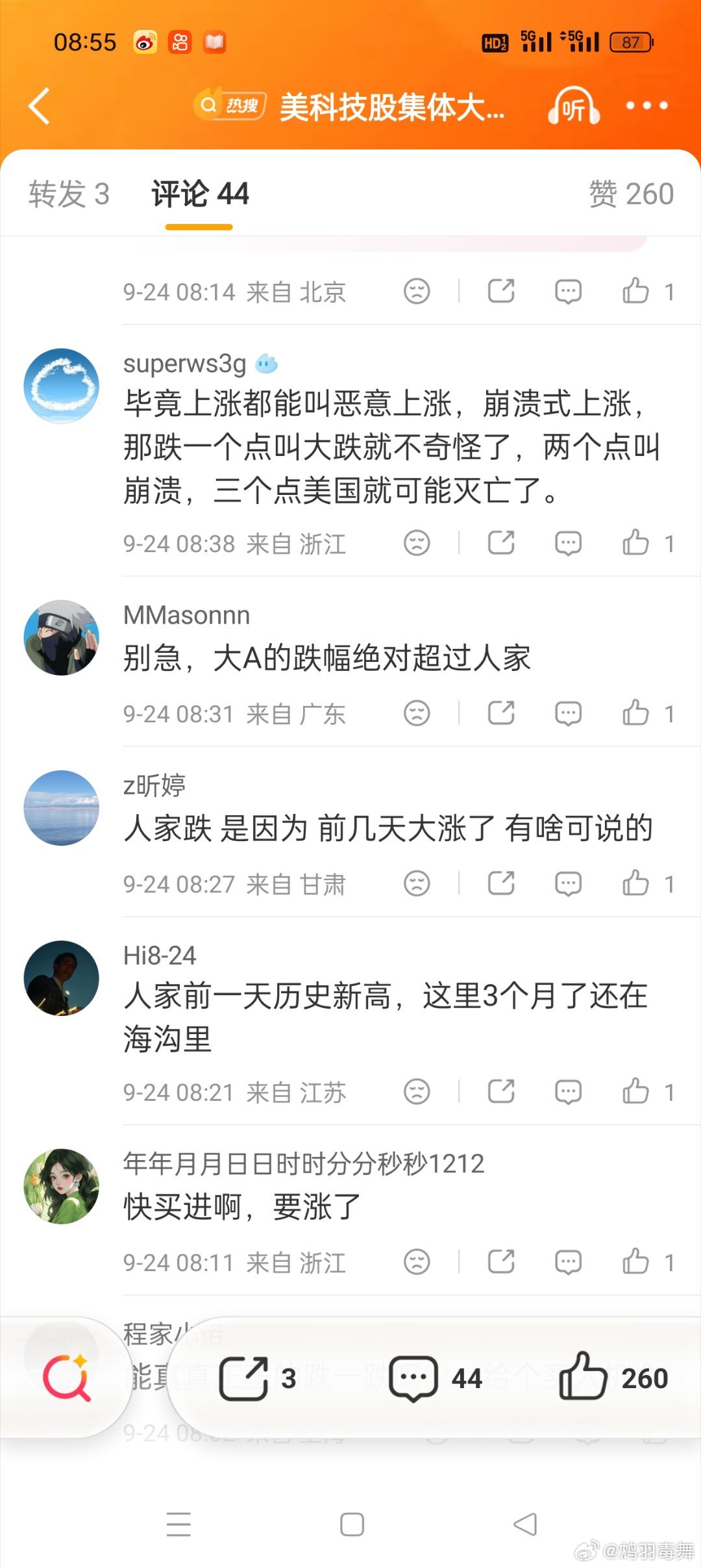 #美科技股集体大跌#看了下评论其实大家都很清楚科技股都是泡沫，有见识的老百姓也清楚，谁家的科技股都一样，只不过不能说自己家的，所以只能互相说，然后拎不清的那些还在买科技股，觉得大家吹的老厉害了，绝对有增长空间，但凡接触过几年社会都知道怎么回事儿，今天挺热的，不知道蔬菜会不会涨价，大 ​