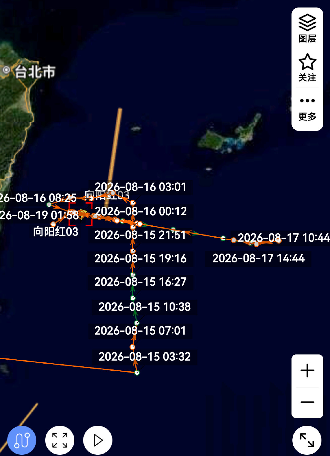 8月15号前后，向阳红3号和东方红2号科考船分别位于台岛以东和琉球以西海域活动。#热点现场##烽火问鼎计划# ​