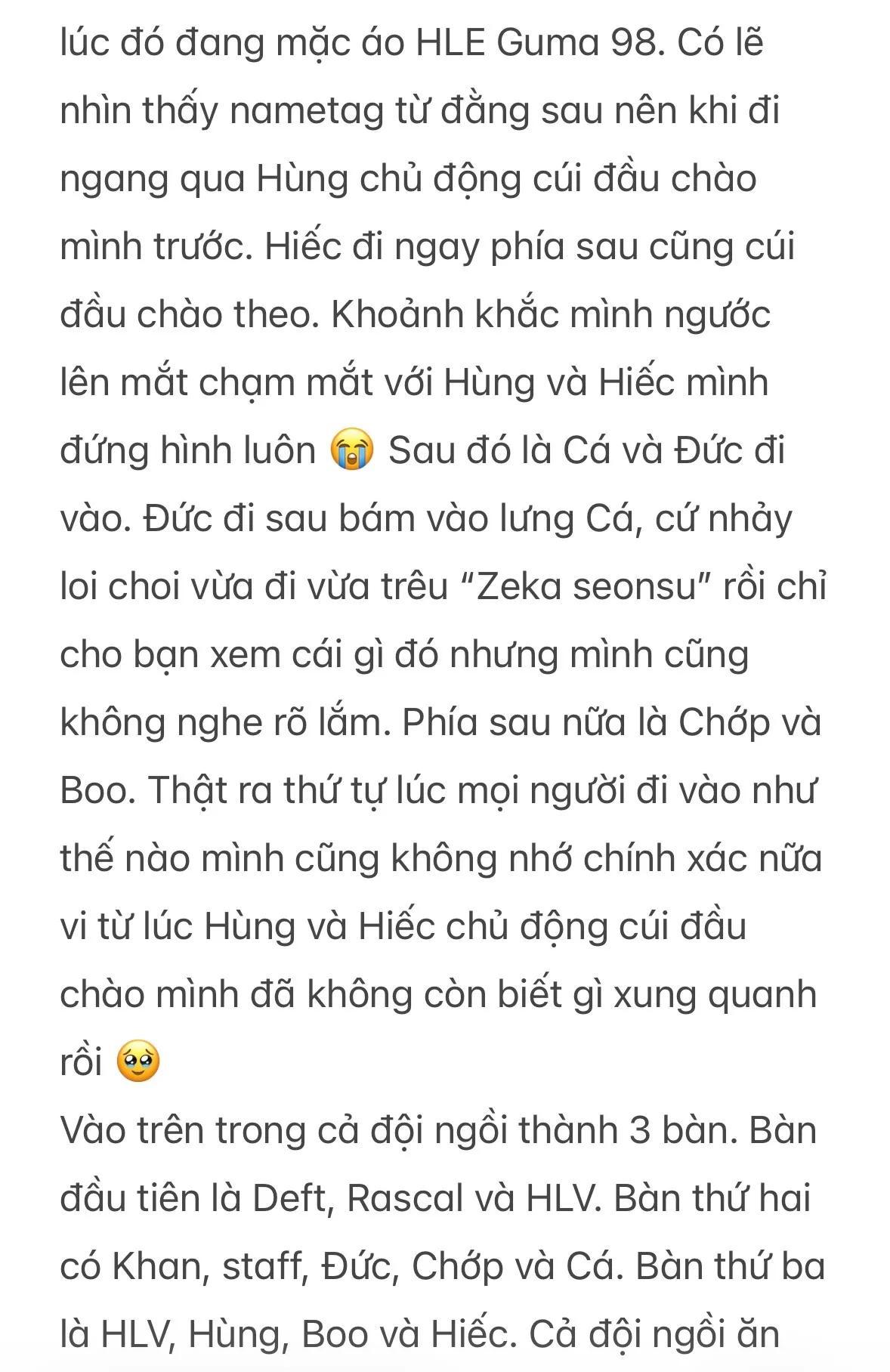 【260926 偶遇后记】
简翻部分：
20号越南热身赛结束后粉丝在釜山偶遇国代们吃饭
—
粉丝当时穿着Gumayusi队服，Gumayusi有先主动低头向她打招呼，Faker跟在后面也一起点头打招呼。
Keria走在Zeka后面边走边拍他背闹他，喊“Zeka选手~”，还指东西给旁边的人看
整队分3桌：Deft、Rascal、教练；Khan、 ​