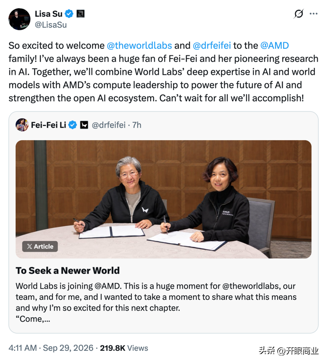 AMD花550亿买李飞飞的公司，就为了让她来管芯片

9月29日，AMD正式宣布以约82亿美元全股票交易收购李飞飞创办仅两年的World Labs，折合人民币551亿。

李飞飞将出任AMD执行副总裁兼首席科学家，直接向苏姿丰汇报。

550亿买一家成立两年的AI初创公司，买的不是产品，是人。Wor