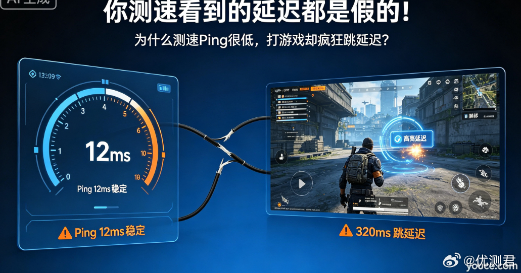 你测速看到的延迟都是假的！为什么测速Ping很低，打游戏却疯狂跳延迟？
几乎所有网络用户、游戏玩家、运维都被一个数据欺骗过：测速显示延迟10ms、20ms，网络完美无瑕，一玩游戏、开实时业务就跳ping、卡顿、瞬移。
很多人为此换路由器、换网线、升级千兆宽带，最后问题依旧。
核心真相很少有人公开讲 ​