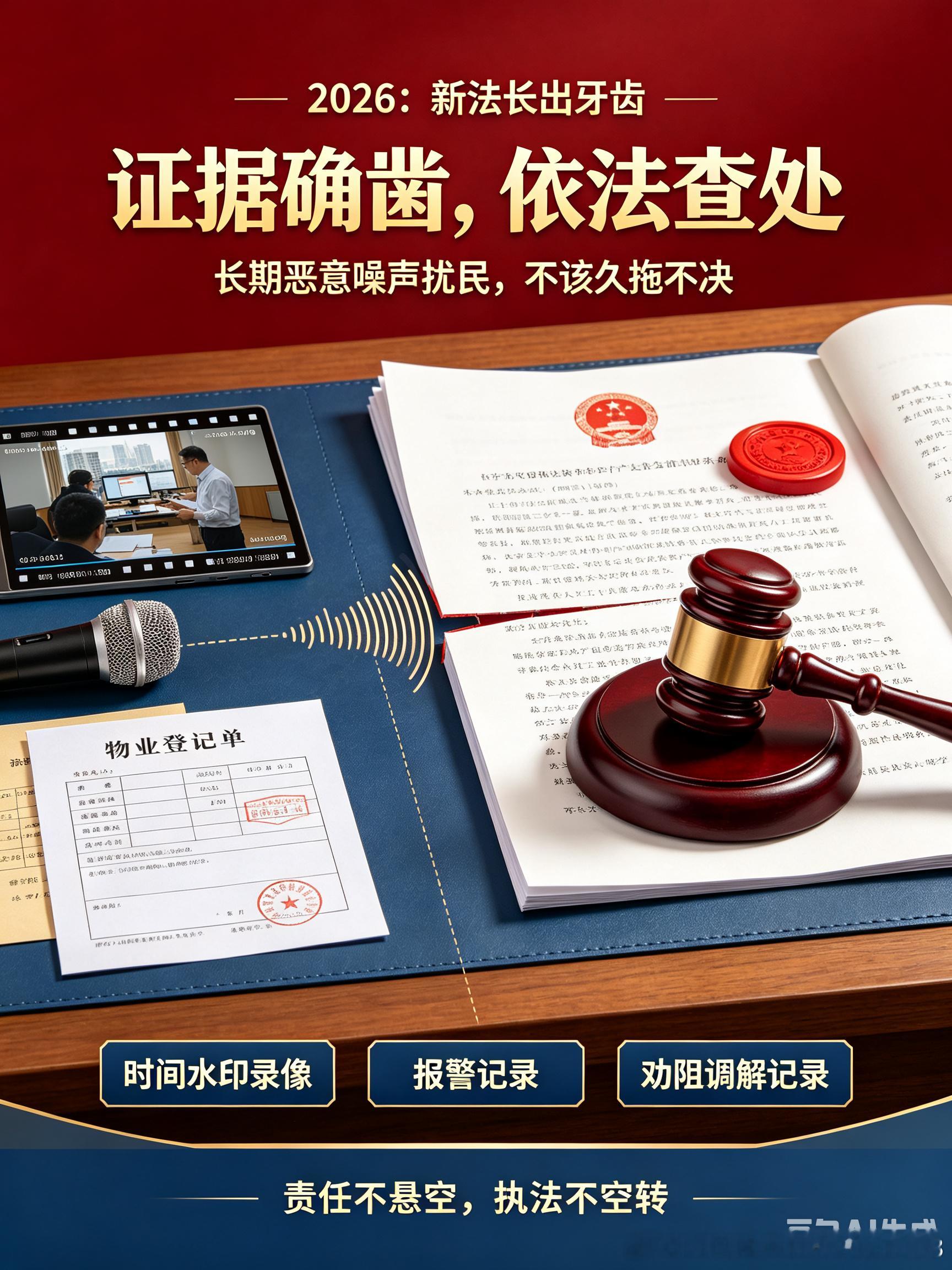 法已落地证据已闭环，长期恶意噪音扰民公安只劝不罚，究竟该谁管？
 
2026年，《治安管理处罚法》新规、《生态环境法典》相继落地，社会生活噪声扰民的法律依据不可谓不充分。然而，面对楼上2105号住户长期恶意制造高分贝撞击、拖拽、奔跑噪声，本人穷尽沟通、物业劝阻、社区调解、数次报警，证据链完 ​