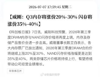 威刚：Q3内存将涨价20%-30% 闪存将涨价35%-40%。<br ...