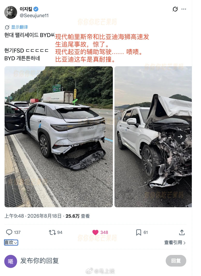 现代汽车和比亚迪海狮在高速发生追尾事故，韩国网民称比亚迪这车是真耐撞！

#海外新鲜事# ​