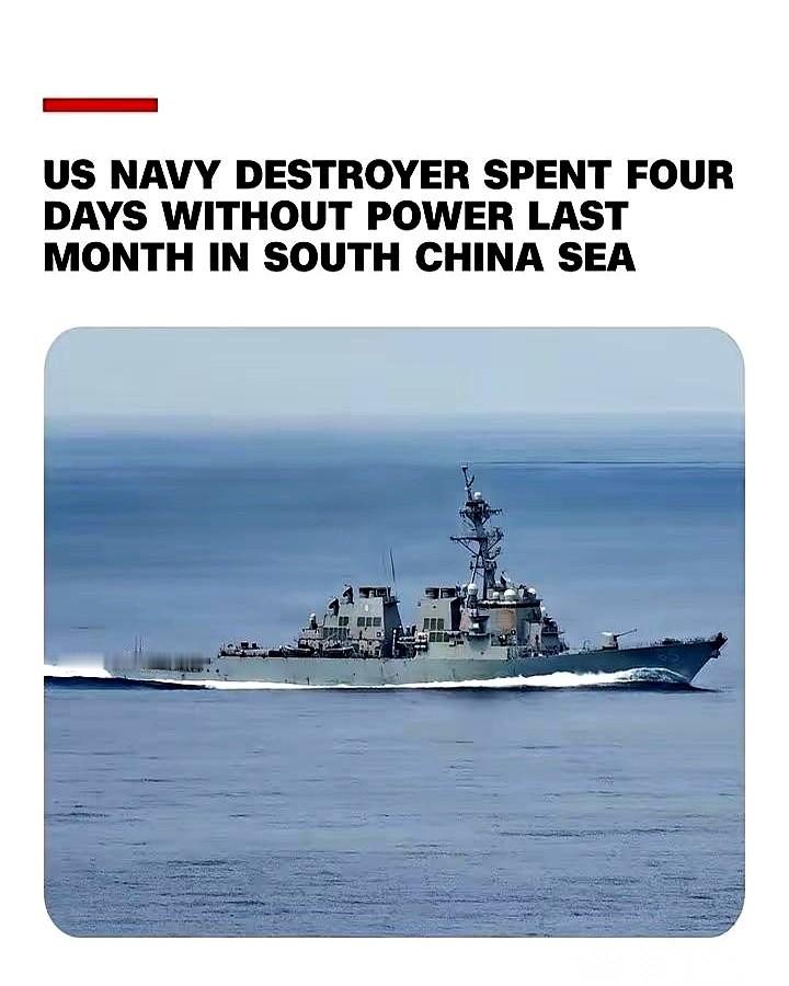 美军驱逐舰在南海“神秘静默”四天，外网高潮了，狂吹这是让中国海军窒息的“科幻级隐身大招”。
结果今天底裤掉了个底朝天：
啥隐身战术啊？就是三台发电机全坏了，全舰断电！
七月的南海，三十多度的高温高湿。
一艘纯钢铁打造的驱逐舰，直接断了电。
没空调，没热饭，最要命的是——抽水马桶全罢工了。
三百多号美