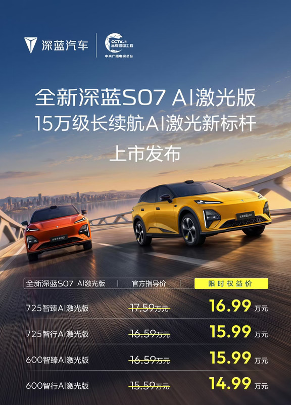今天深蓝S07 AI激光版上市了，正好赶上深蓝第100万辆整车下线，算是双喜临门。
	
15.99万起，带华为乾崑ADS 4 Pro增强版，一颗顶置激光雷达加27个传感器，城区领航、高速领航、全场景泊车都支持。800V高压平台，纯电续航最高725km，增程综合1385km，30%到80%充电只要9分钟。座舱是端到端豆包大模型，15.6英寸向日葵屏加55英寸AR-HUD。
	
15万级能把高阶城区智驾和800V同时给到，确实挺卷。你们觉得这价格能打吗？评论区聊聊