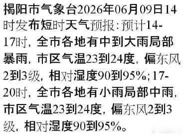 揭阳市气象台2026年06月09日14时发布短时天气预报：预计14-1...
