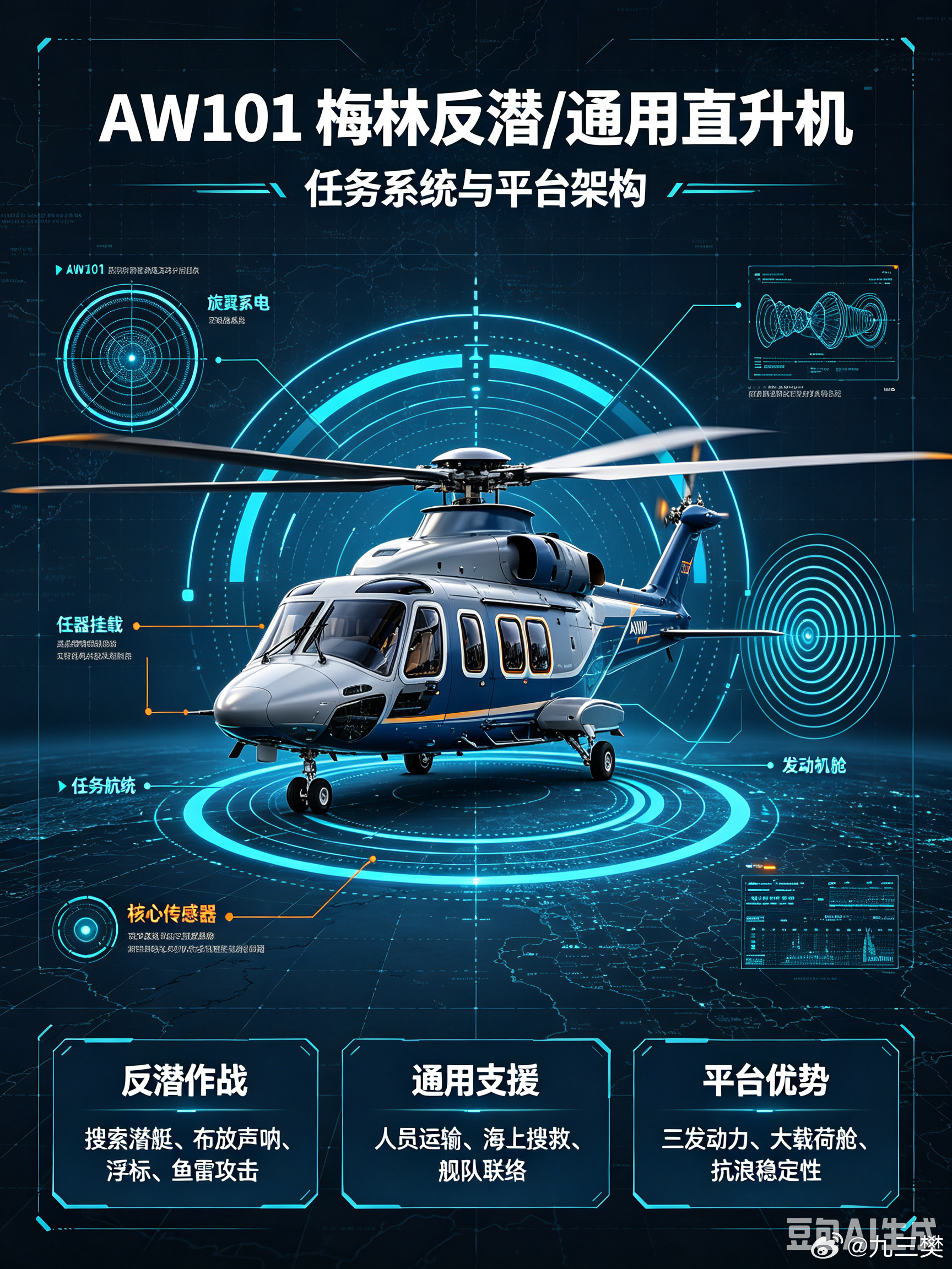 #军事ai新视野# 英军AW101“梅林（Merlin）”反潜/通用直升机 #ai热力追踪# 
 
AW101（原名 EH101）是英国韦斯特兰 + 意大利阿古斯塔联合研发的三发中型多用途舰载直升机，现归属莱昂纳多直升机公司；英军海军命名 Merlin 梅林，国内常译作灰背隼。核心定位：舰载远程反潜、反水面、搜救、兵力投送、空 ​