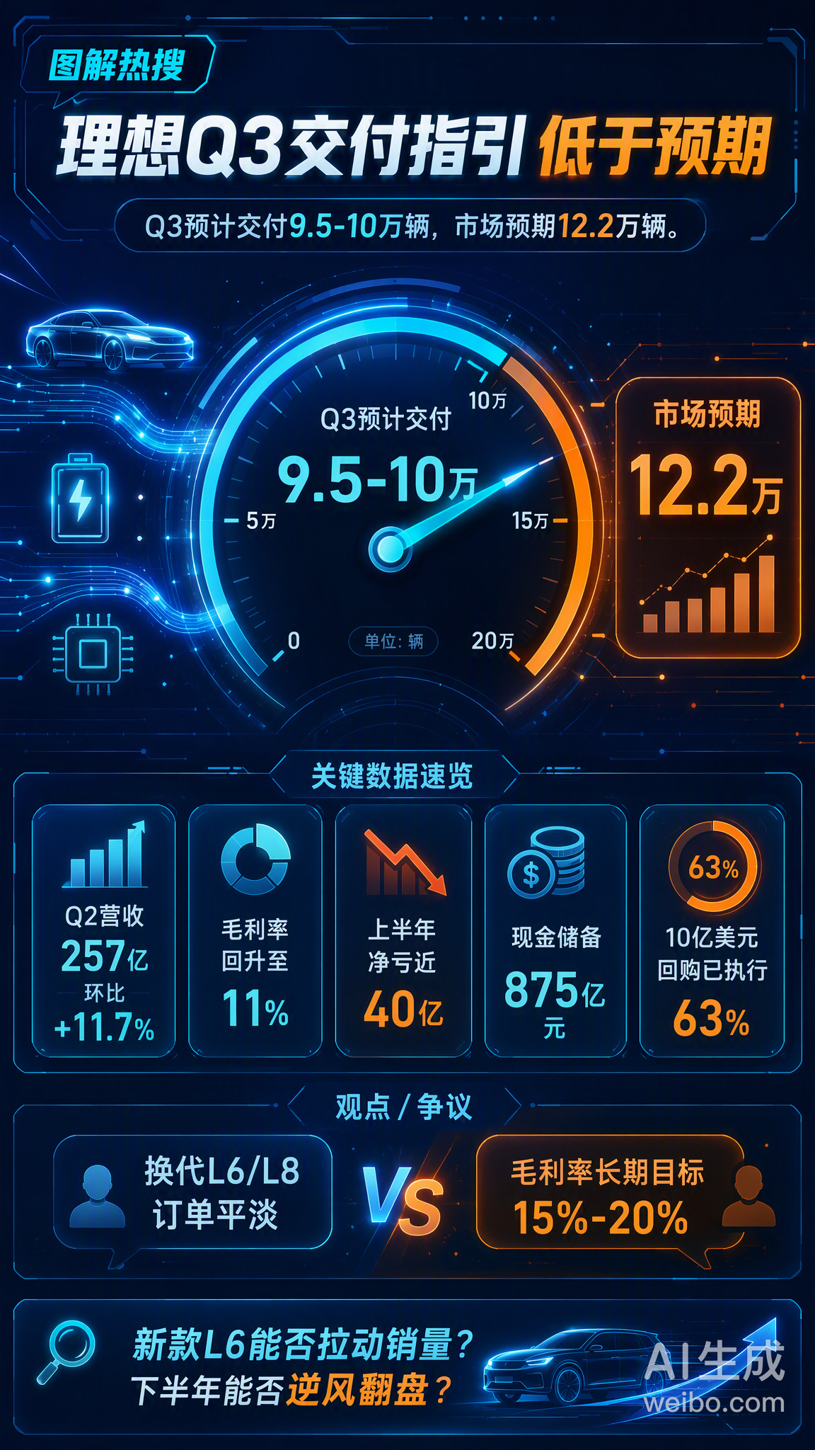 #理想第三季度车辆交付目标# 理想汽车刚发布Q3交付指引，数据有点意思。

官方预计Q3交付9.5万-10万辆，同比仅增1.9%-7.3%，而市场预期是约12.2万辆，差距不小。营收指引266-280亿元，同样低于市场预期。

几个关键信息：
· Q2营收257亿元，环比增长11.7%，毛利率回升至11%，环比有改善
· Q3指引大幅低 ​