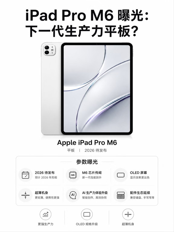 iPad Pro M6 更像是苹果下一代移动生产力的提前预告。M6 芯片、OLED 屏幕、超薄机身和 AI 生产力体验升级，都是目前讨论度较高的方向。对创作者、学生和轻办公用户来说，真正值得期待的是它能不能进一步缩小平板和笔记本之间的体验差距。#一起聊数码 #科技数码howto #安卓和苹果 #数码大玩家 #先进生产力 #平板电脑 #pad #iPad #科技资讯早知道