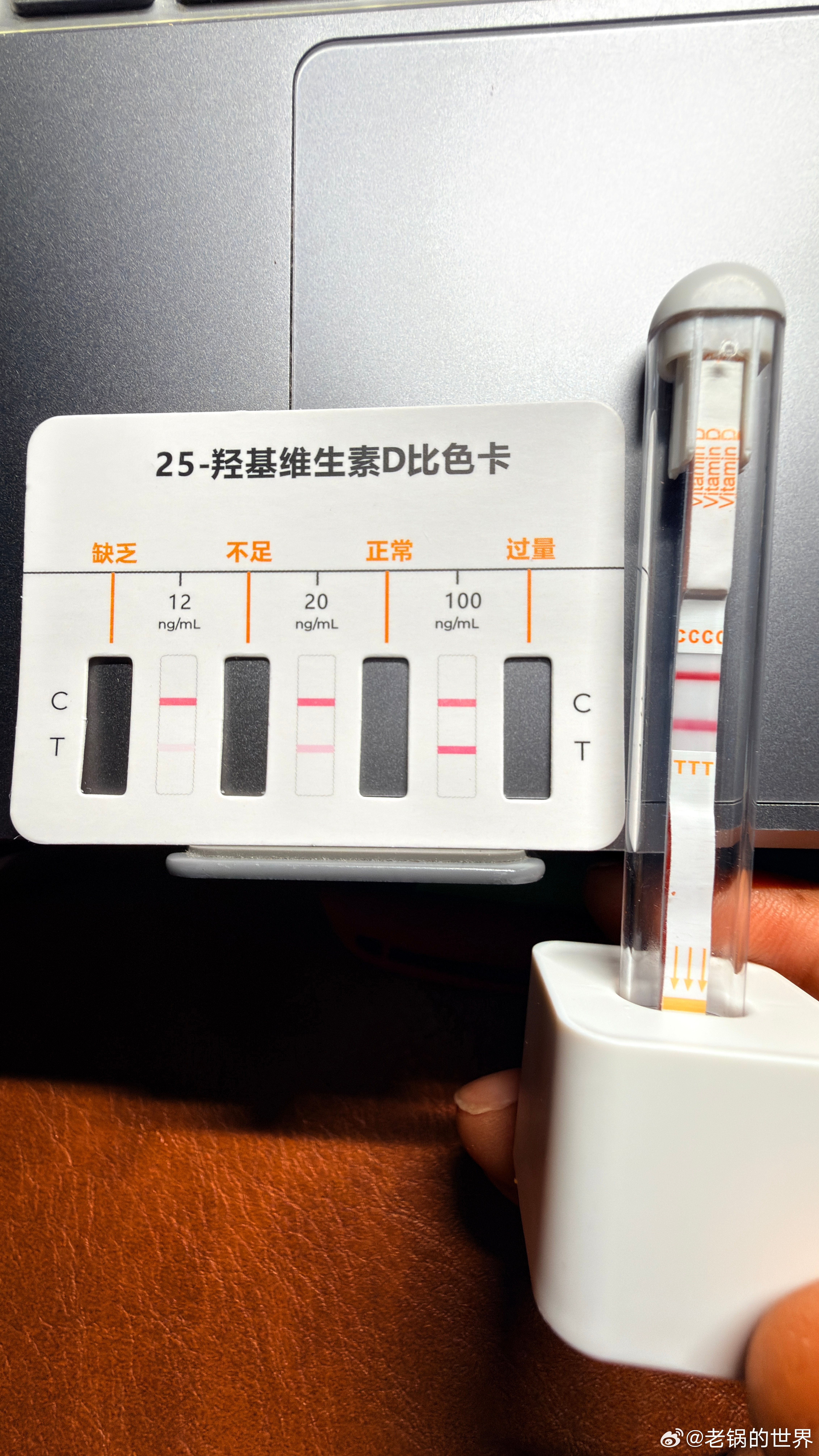 看到我的25羟基维生素D的检测结果后ChatGPT给我的建议：

看到了。这个是25-羟基维生素D（25-OH-D）半定量比色/免疫层析检测卡，不是医院那种能直接给出具体数值的实验室定量检测。

从你这张照片看：
 • C线：清晰出现 → 检测有效。
 • T线：清晰出现，而且颜色比较明显。
 • 按这张检测卡本身标 ​