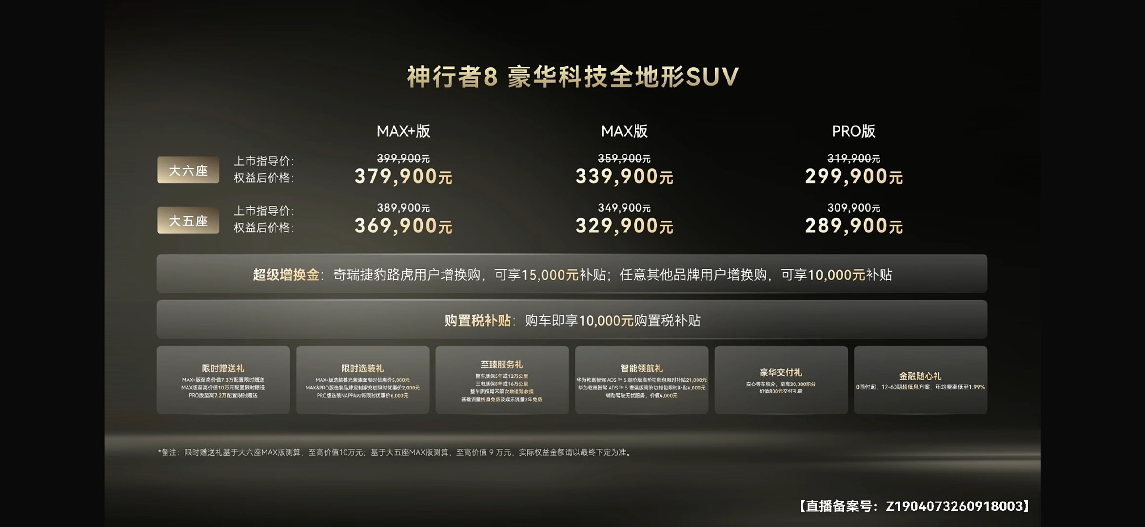 神行者8上市
大五座版指导价30.99-38.99万元
六座版指导价31.99-39.99万元

#新能源汽车﻿# ​