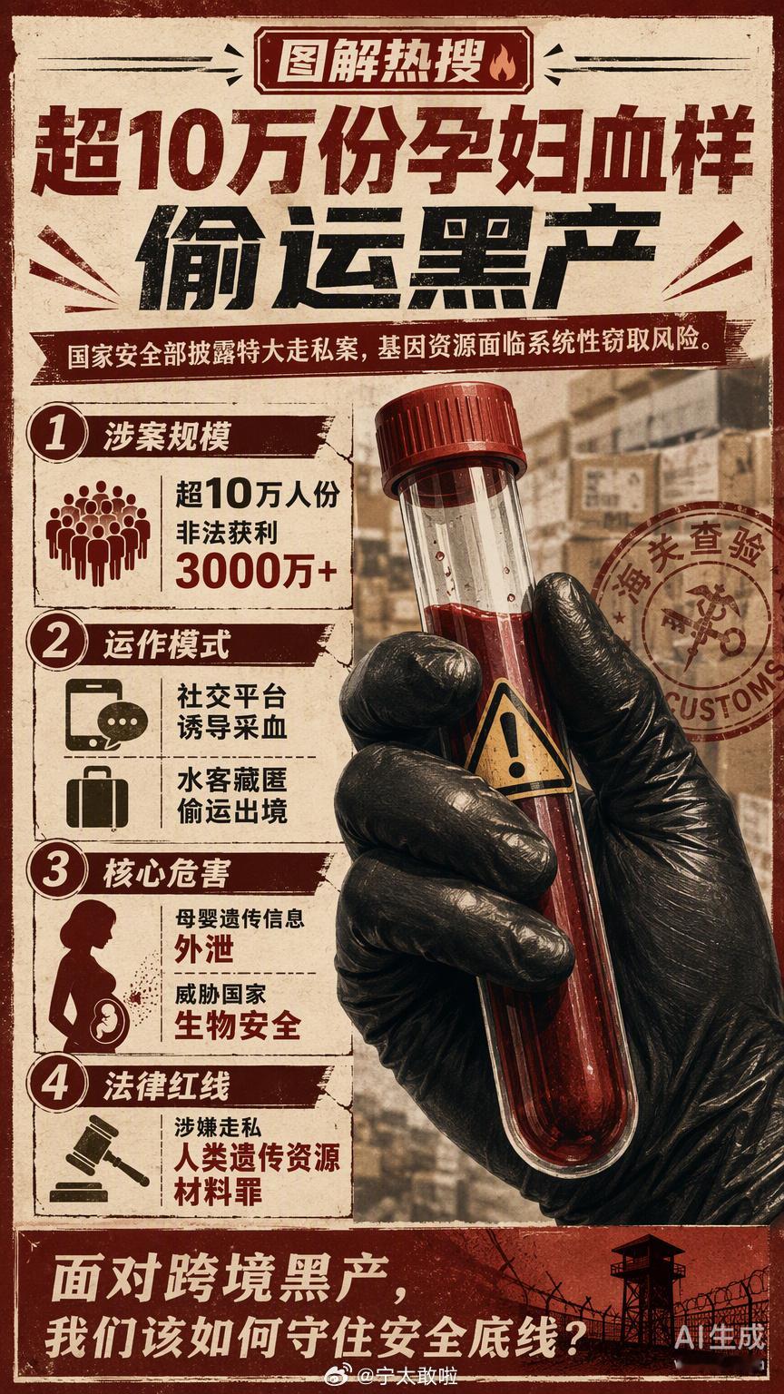 以前总觉得，在国内深夜撸串、手机随手放是种被“惯”出来的安全感。可看到超10万份孕妇血样被伪装成普通快递偷运出境的新闻，才惊觉这种体面背后藏着多大的黑洞。

那些以“无创检测”为名的广告，利用的不仅是准爸妈的好奇心，更是大家对日常物流体系的无条件信任。当母婴两代人的遗传信息被装进试管 ​