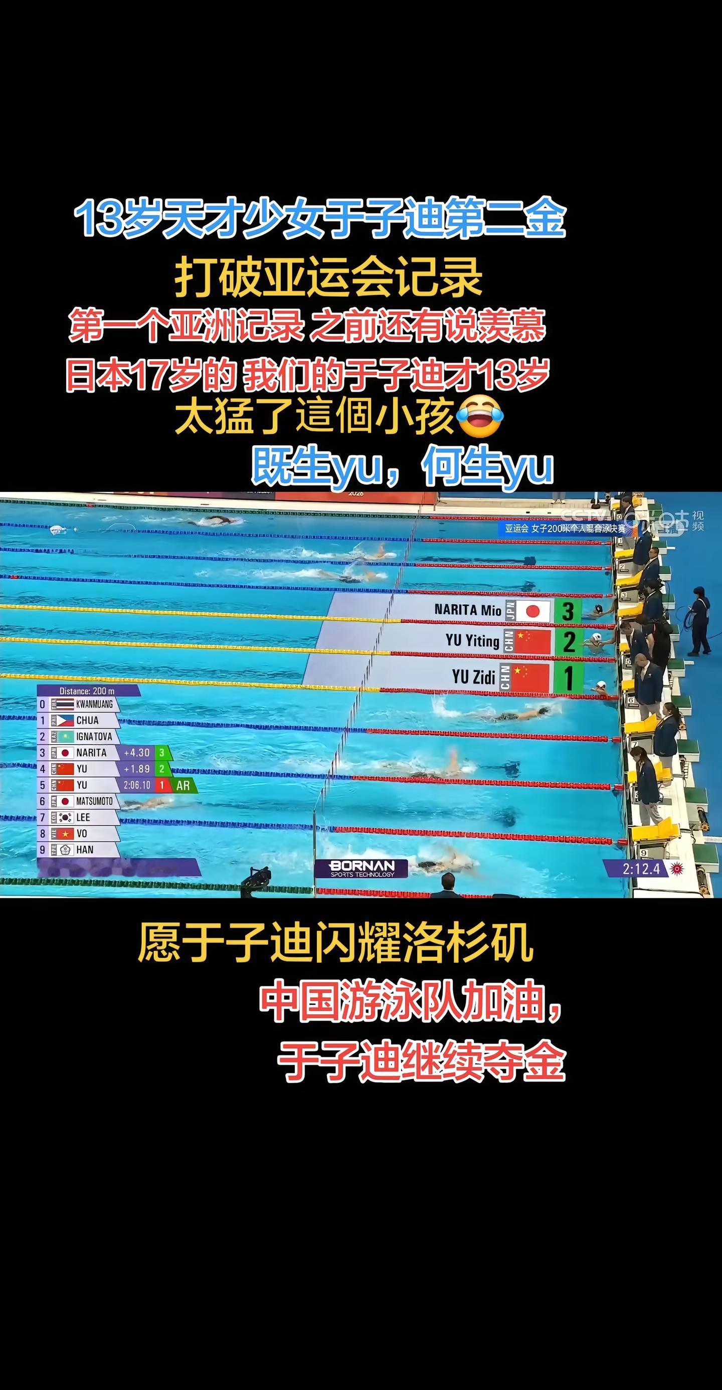 恭喜天才少女于子迪，9月21日200米女子混合泳金牌🥇，于子迪夺金成绩2:06.10，打破了余依婷2:06.82的亚洲纪录。小孩姐亚运会第二金。既生yu，何生yu😂，13岁的小孩姐继续游向洛杉矶！一定会闪耀洛杉矶。中国游泳队加油，于子迪加油，继续夺金。游泳比赛中国夺冠 游泳 体育