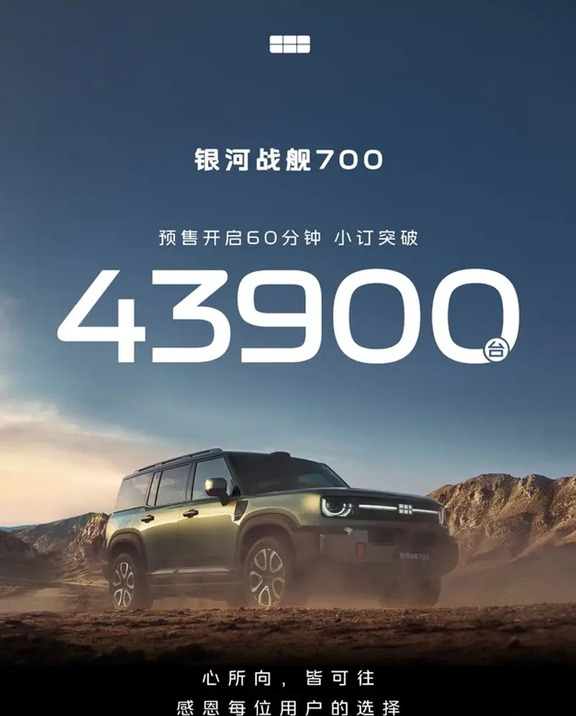 60分钟订单破4.4万，吉利银河战舰700